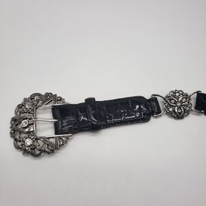 Brighton Empire Lace croc embossed black patent leather belt silvertone clear